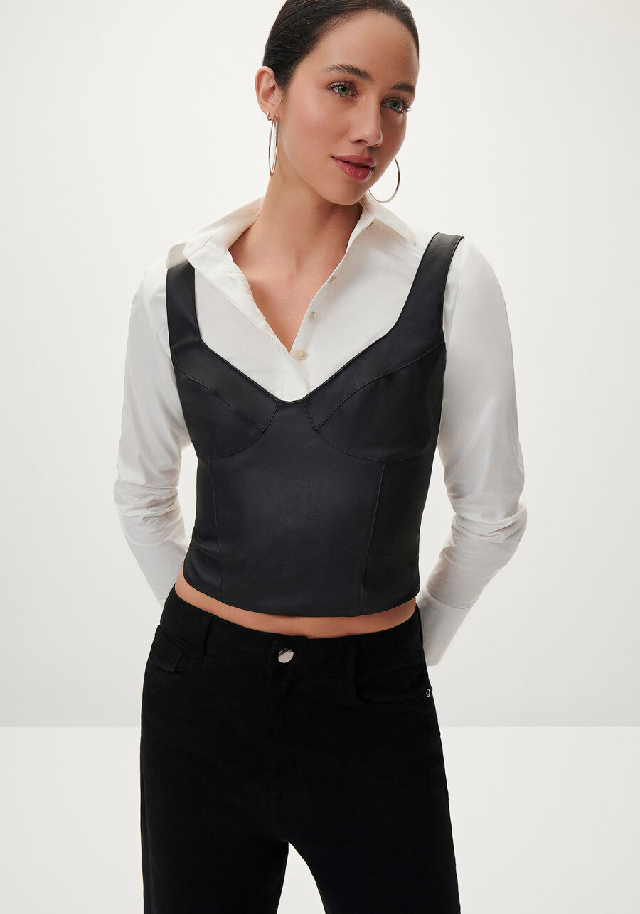 Blusa Corset em PU, PRETO REATIVO. Blusa Corset em PU, PRETO REATIVO, large.