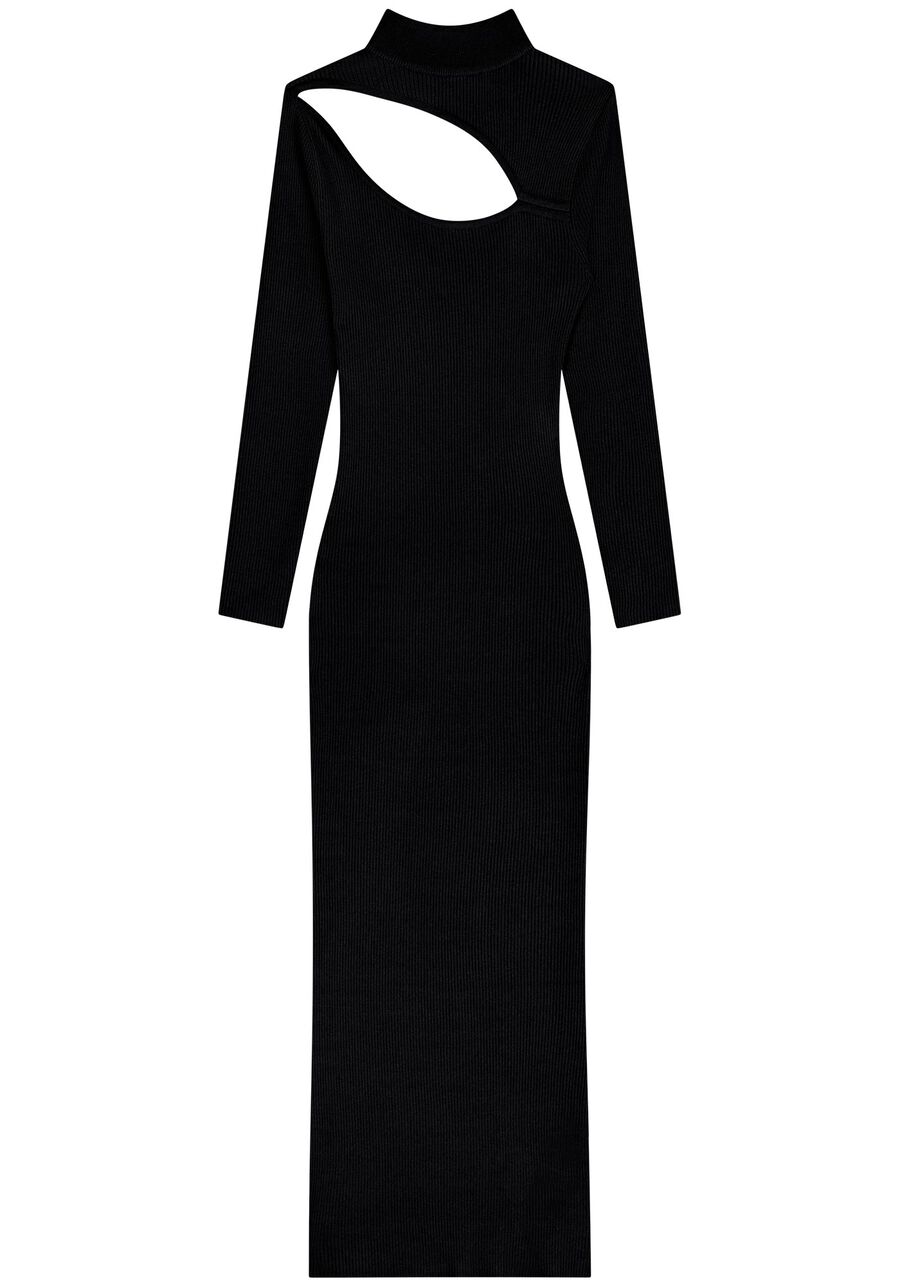 Vestido Tricô Mangas Longas Midi Chá Com Recorte Frontal, . Vestido Tricô Mangas Longas Midi Chá Com Recorte Frontal, , large.