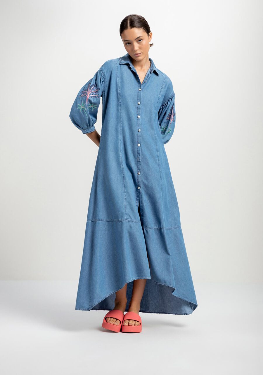 Vestido Jeans Midi Chemise com Bordado, JEANS. Vestido Jeans Midi Chemise com Bordado, JEANS, large.