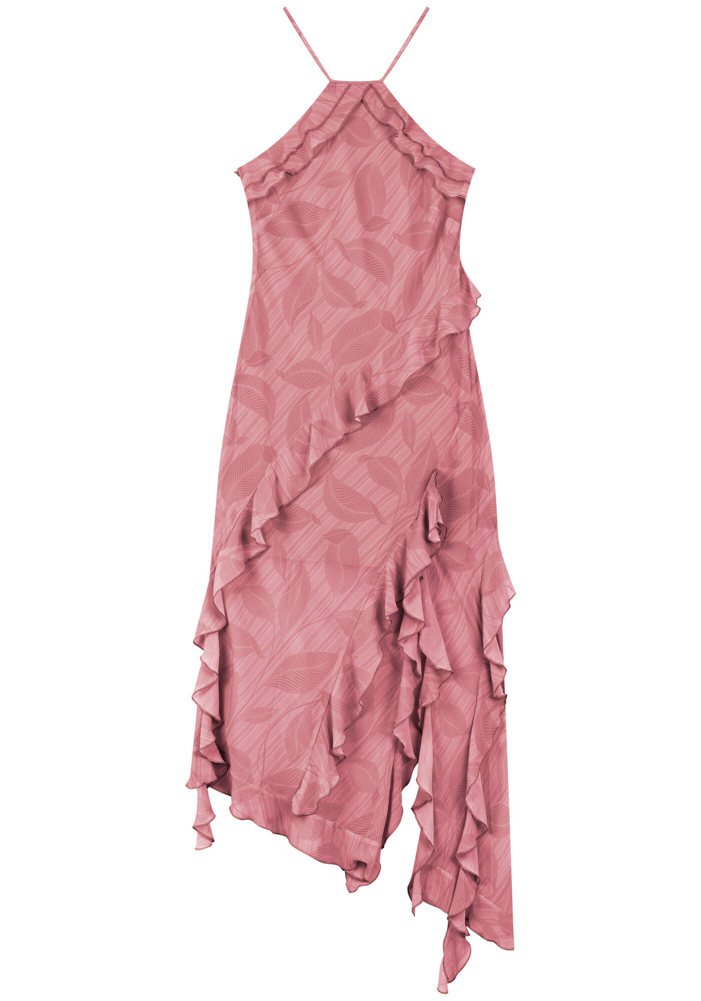 Vestido Longo Assim&eacute;trico Estampado Com Babados, GREEN LEAF ROSA, large.