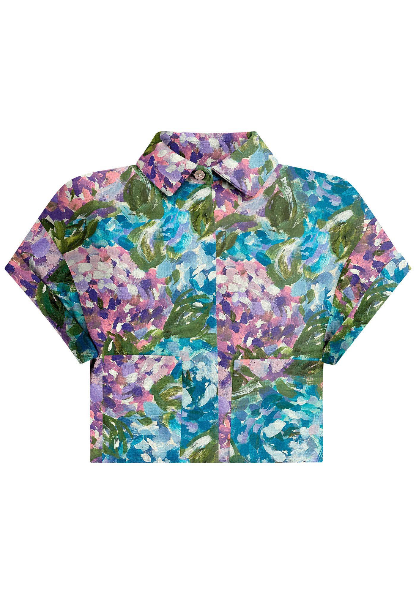 Camisa Manga Curta Cropped em Linho Estampada, , large.