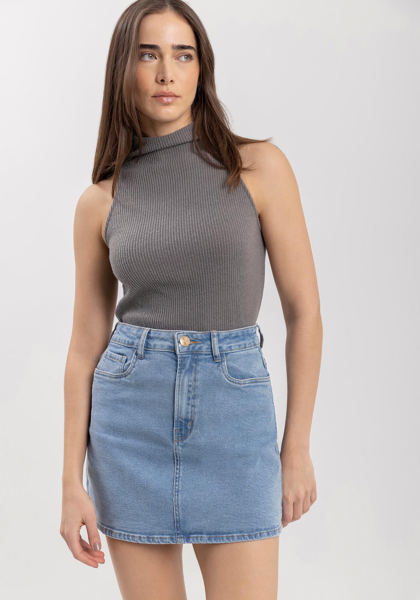 Saia Jeans Curta Com Cintura Alta E Bolsos Funcionais, , large.