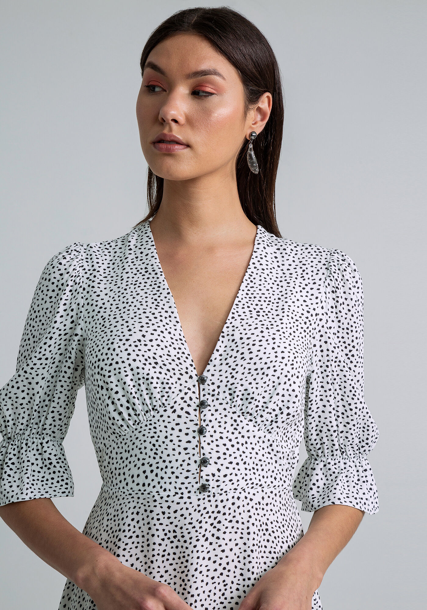 Vestido Decote Estampado V Manga Bufante, DIVERSAO, large.