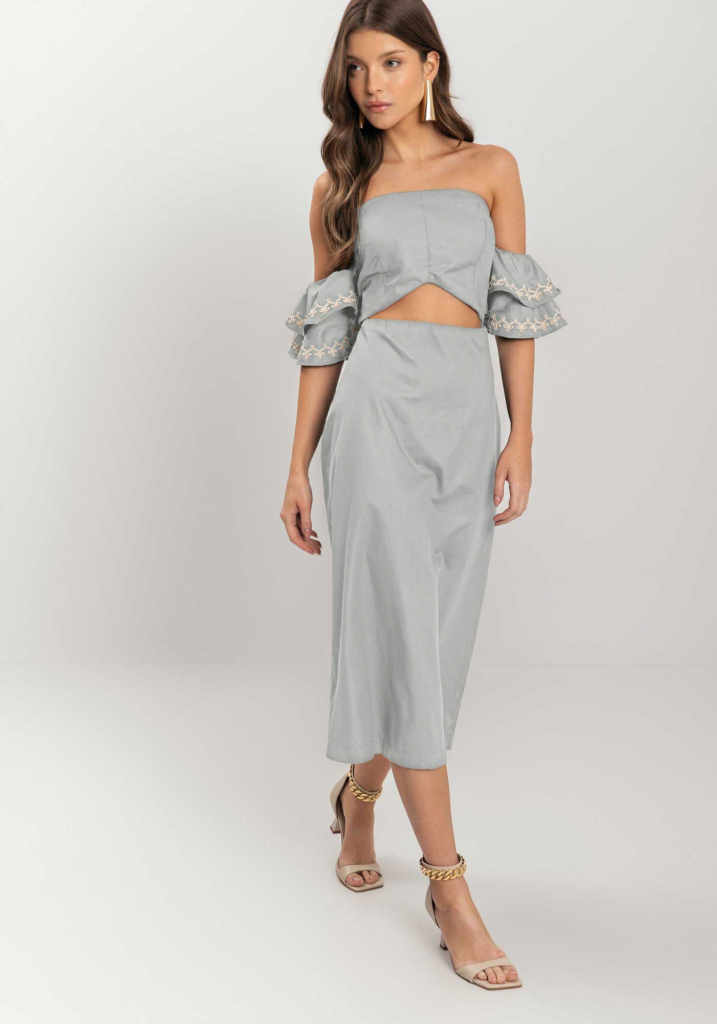 Vestido Ombro A Ombro Com Bordado E Recorte, , large.