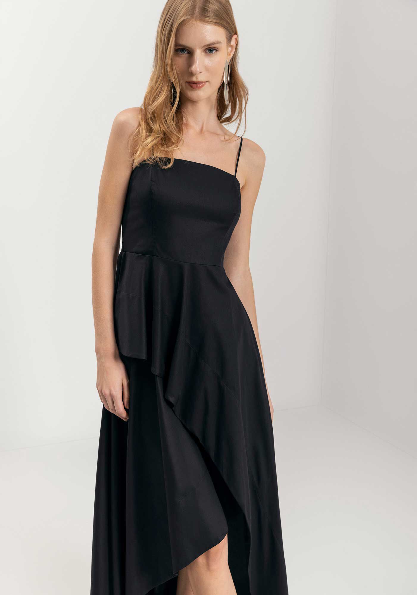 Vestido Longo De Al&ccedil;as Com Transpasse Em Tafet&aacute;, , large.