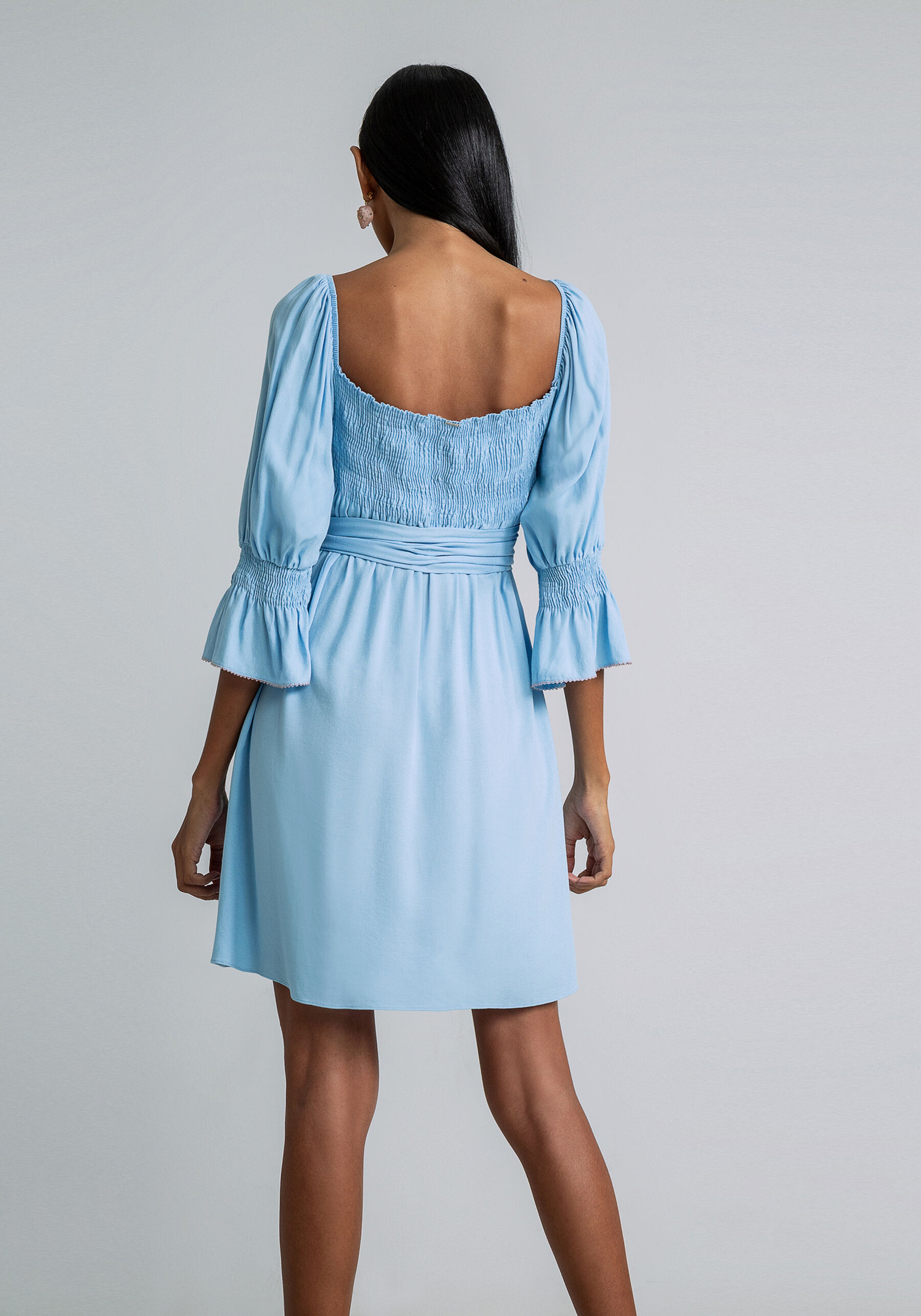 Vestido Curto Manga 3/4 Bufante, AZUL. Vestido Curto Manga 3/4 Bufante, AZUL, large.