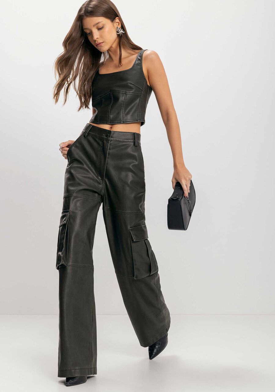 Blusa Curta De Alças Com Decote Reto Em PU Lavado, . Blusa Curta De Alças Com Decote Reto Em PU Lavado, , large.