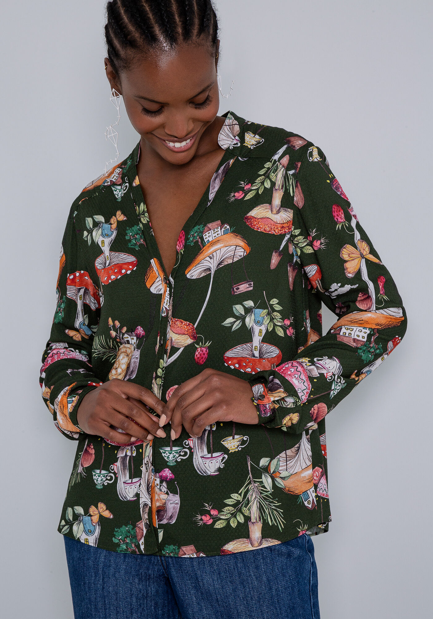 Camisa Manga Longa em Viscose com Gola Padre, COGUMELOS, large.