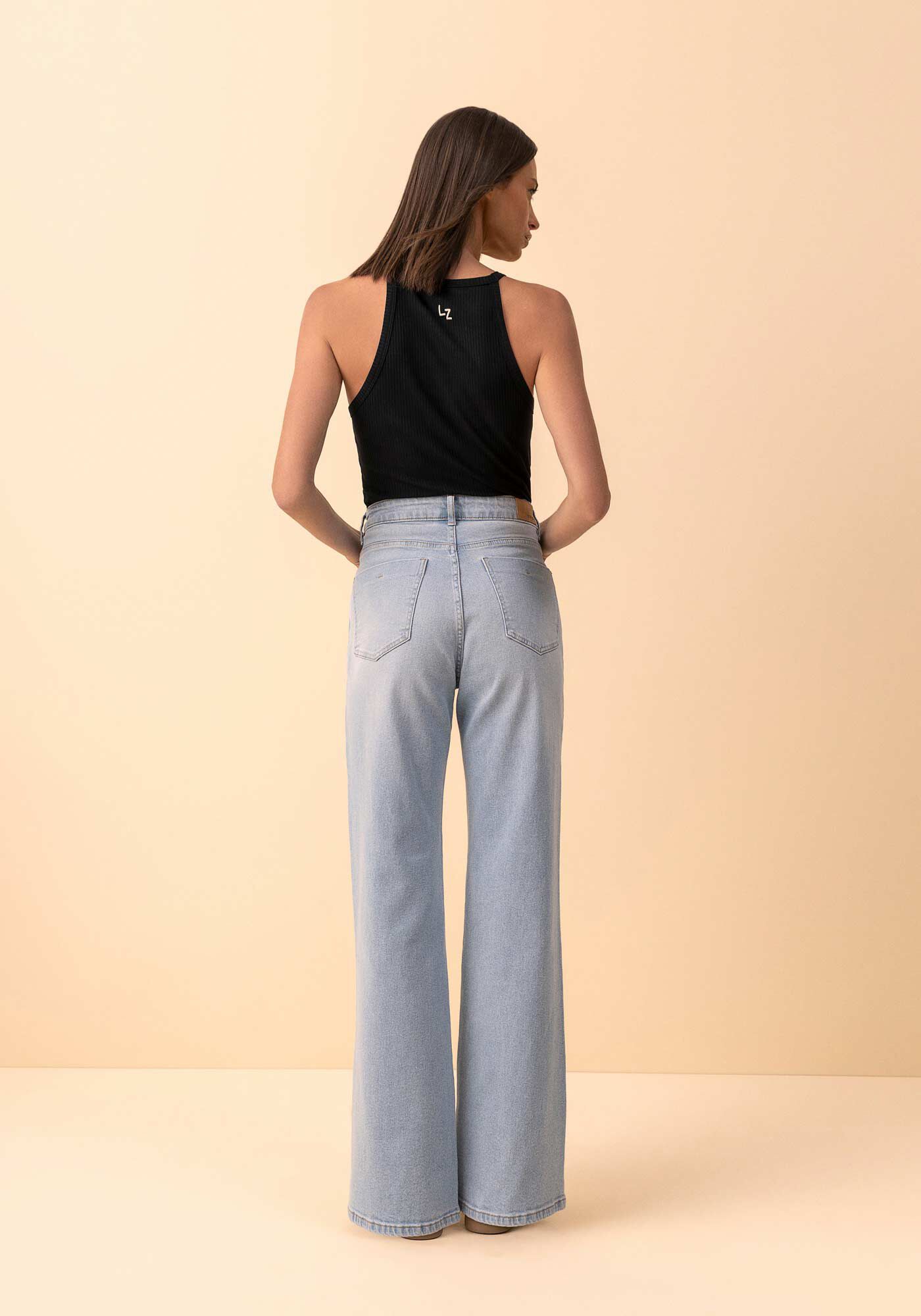 Cal&ccedil;a Jeans Wide Leg Comfort Com Elastano E Cintura Alta, JEANS CLARO, large.