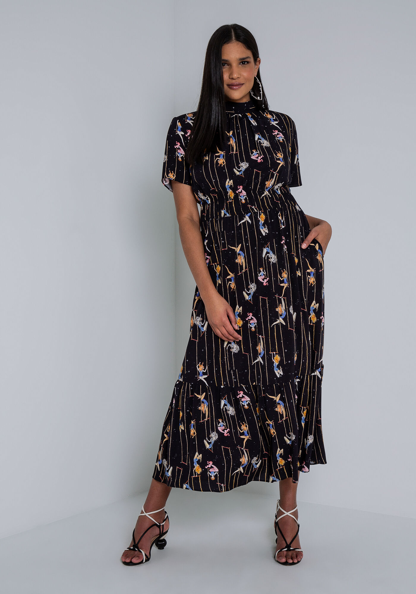 Vestido Midi Estampado em Viscose com Gola La&ccedil;o, , large.
