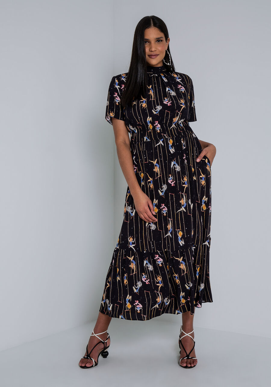 Vestido Midi Estampado em Viscose com Gola Laço, . Vestido Midi Estampado em Viscose com Gola Laço, , large.