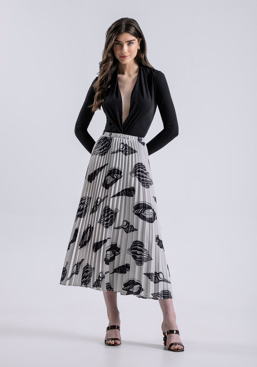 Saia Midi Plissada Estampada, CONCHAS. Saia Midi Plissada Estampada, CONCHAS, large.