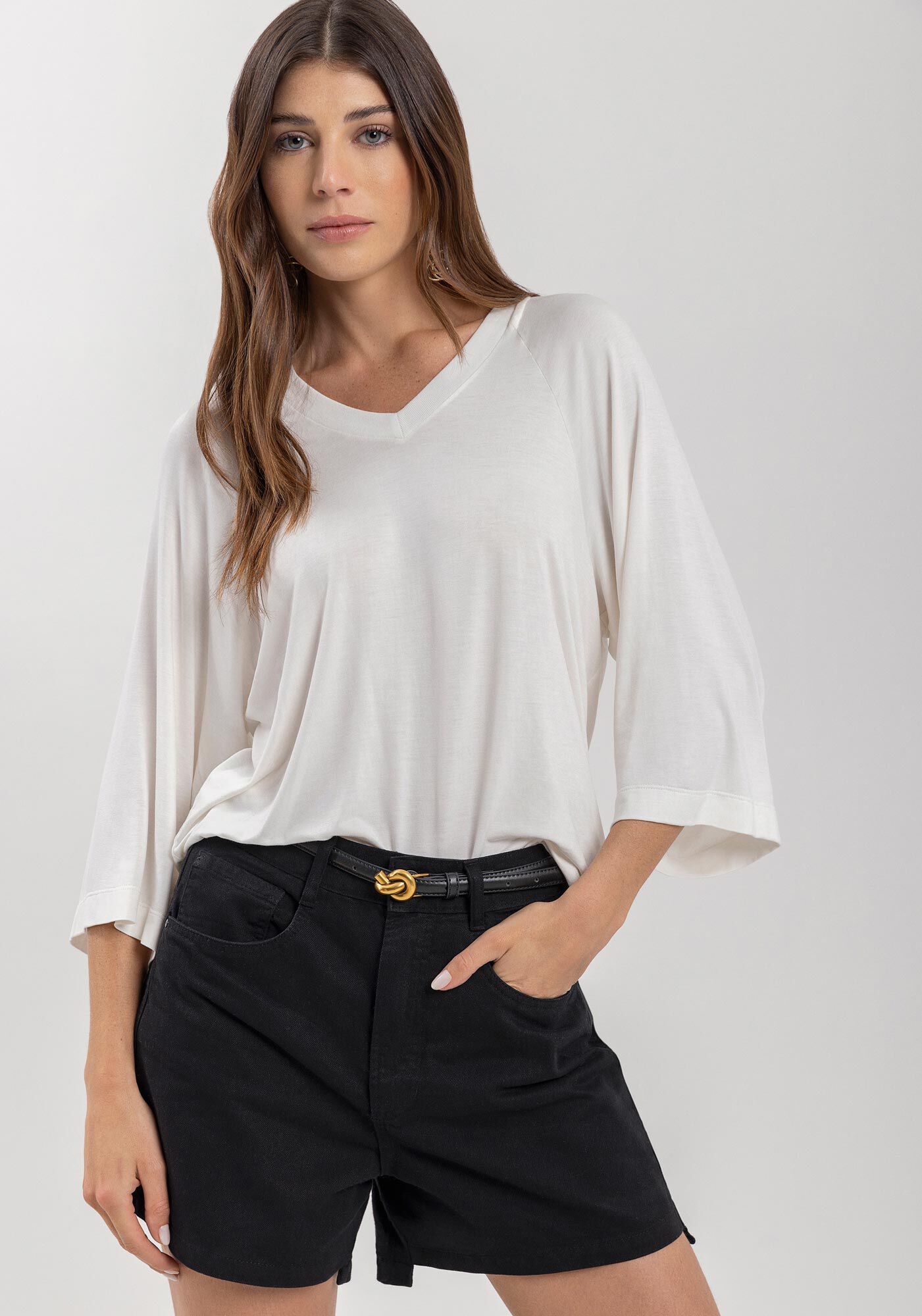 Blusa Ampla Com Mangas M&eacute;dias E Decote Em V, , large.