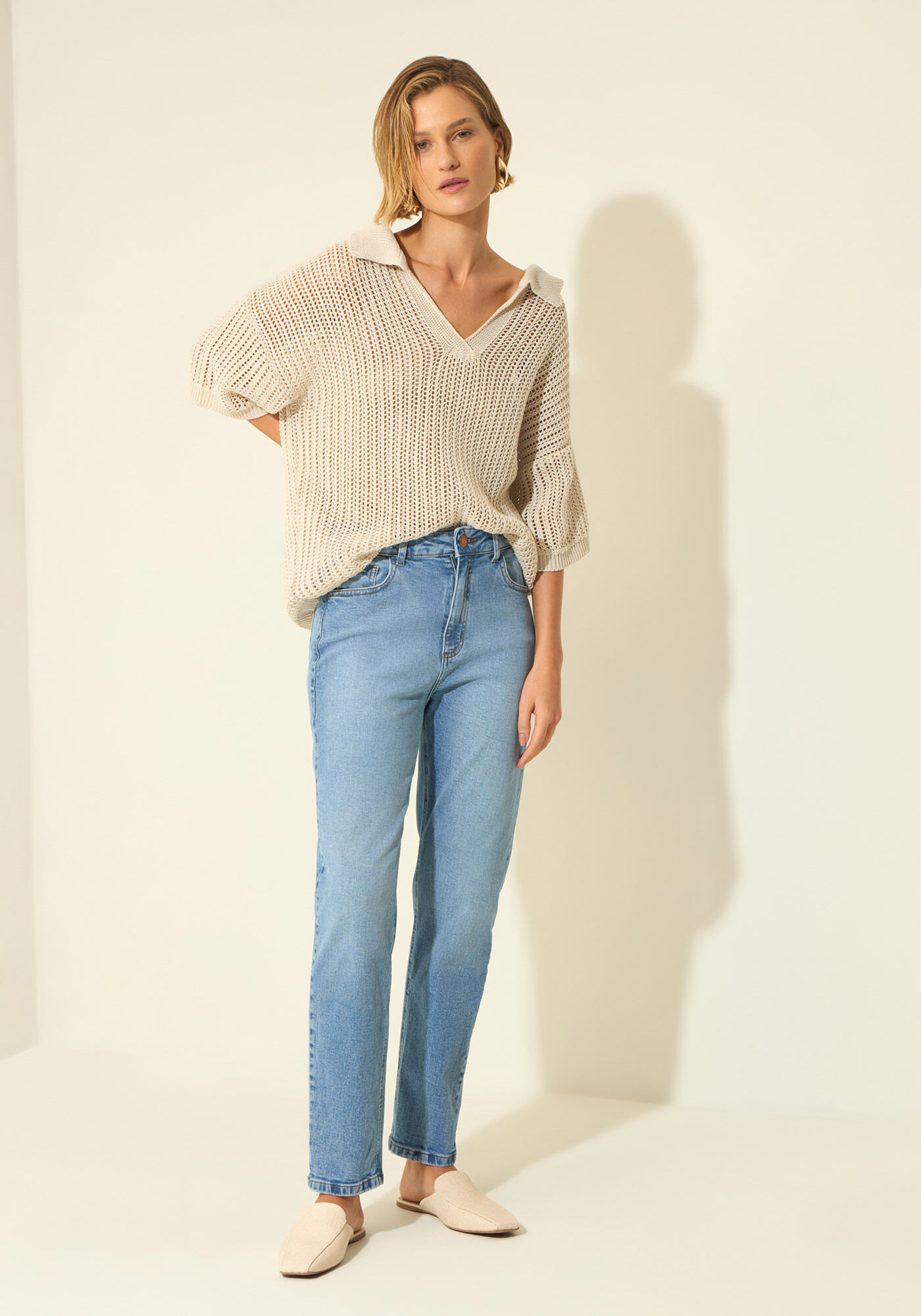 Cal&ccedil;a Mom Jeans Com Elastano, JEANS CLARO, large.