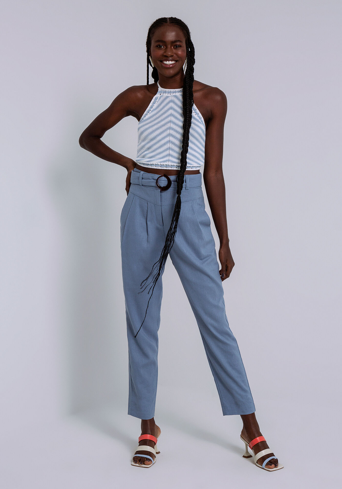 Cal&ccedil;a Carrot Linho com Cinto, AZUL NETUNO, large.