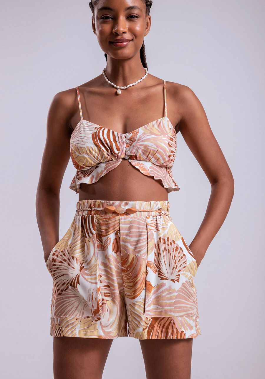 Shorts Estampado Crepe com Cinto, PE NA AREIA. Shorts Estampado Crepe com Cinto, PE NA AREIA, large.