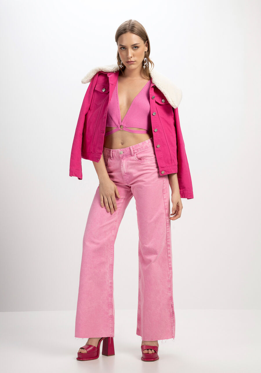 Jaqueta Sarja com Gola Pelo Removível, ROSA HIGH PINK. Jaqueta Sarja com Gola Pelo Removível, ROSA HIGH PINK, large.