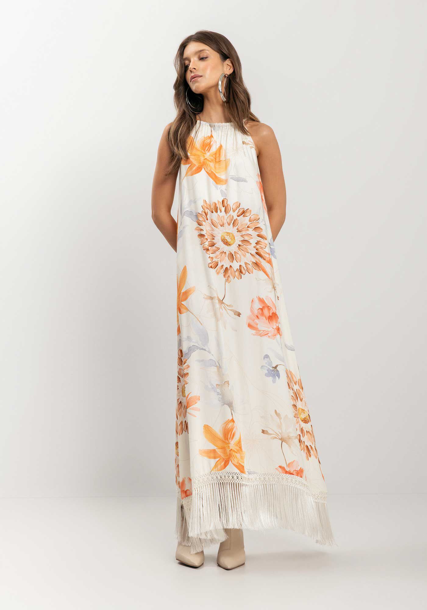 Vestido Longo Estampado Com Franjas Na Barra, , large.