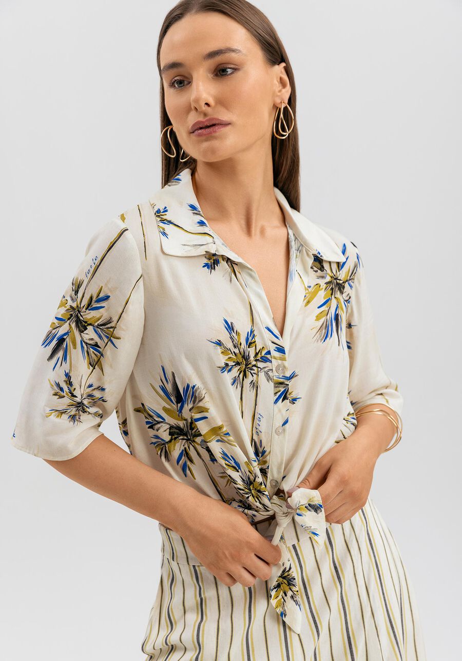 Camisa De Mangas Curtas Estampada Com Botões E Amarração, . Camisa De Mangas Curtas Estampada Com Botões E Amarração, , large.