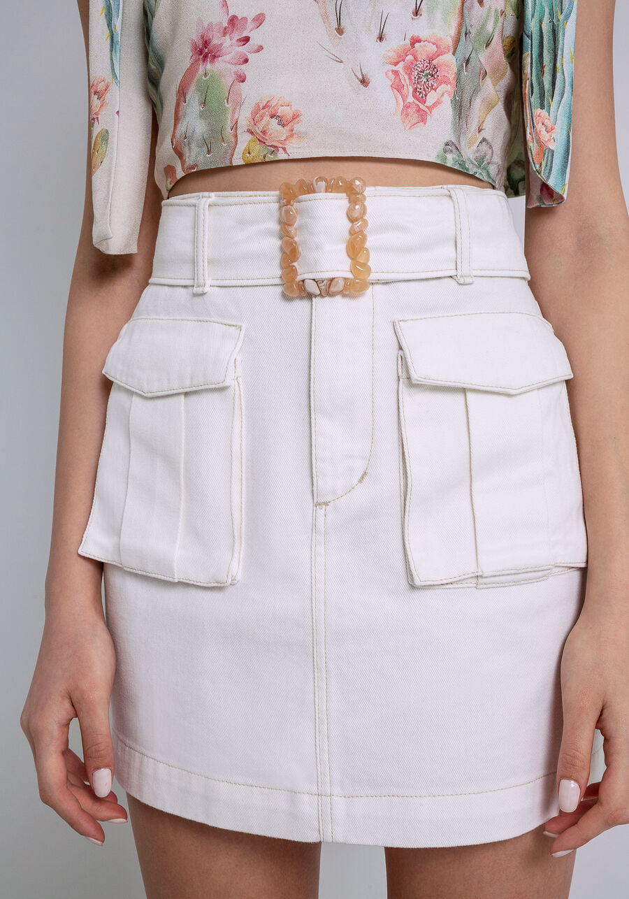 Saia Sarja Cintura Alta com Cinto, BRANCO OFF WHITE. Saia Sarja Cintura Alta com Cinto, BRANCO OFF WHITE, large.