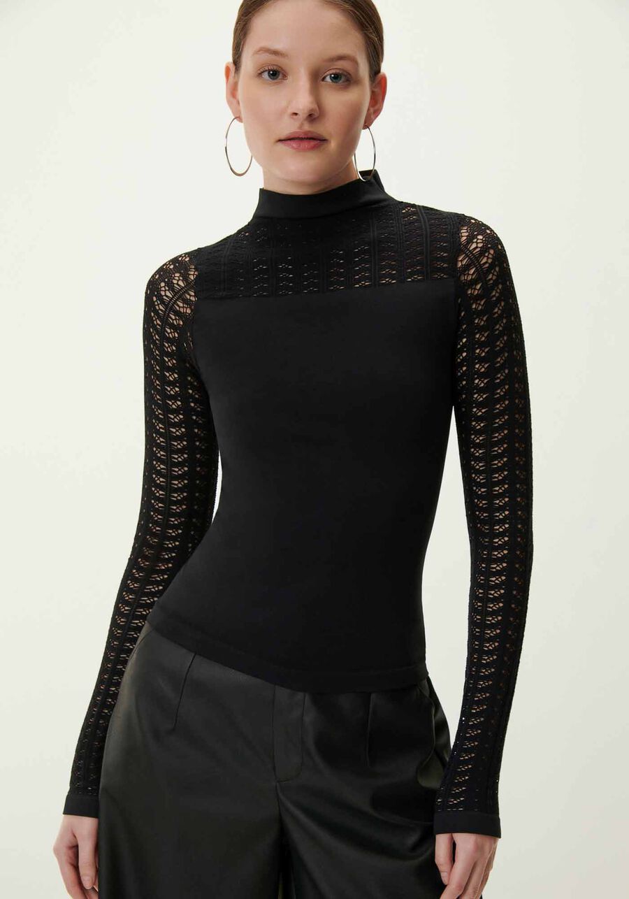 Blusa Gola Alta com Manga Longa em Renda, . Blusa Gola Alta com Manga Longa em Renda, , large.