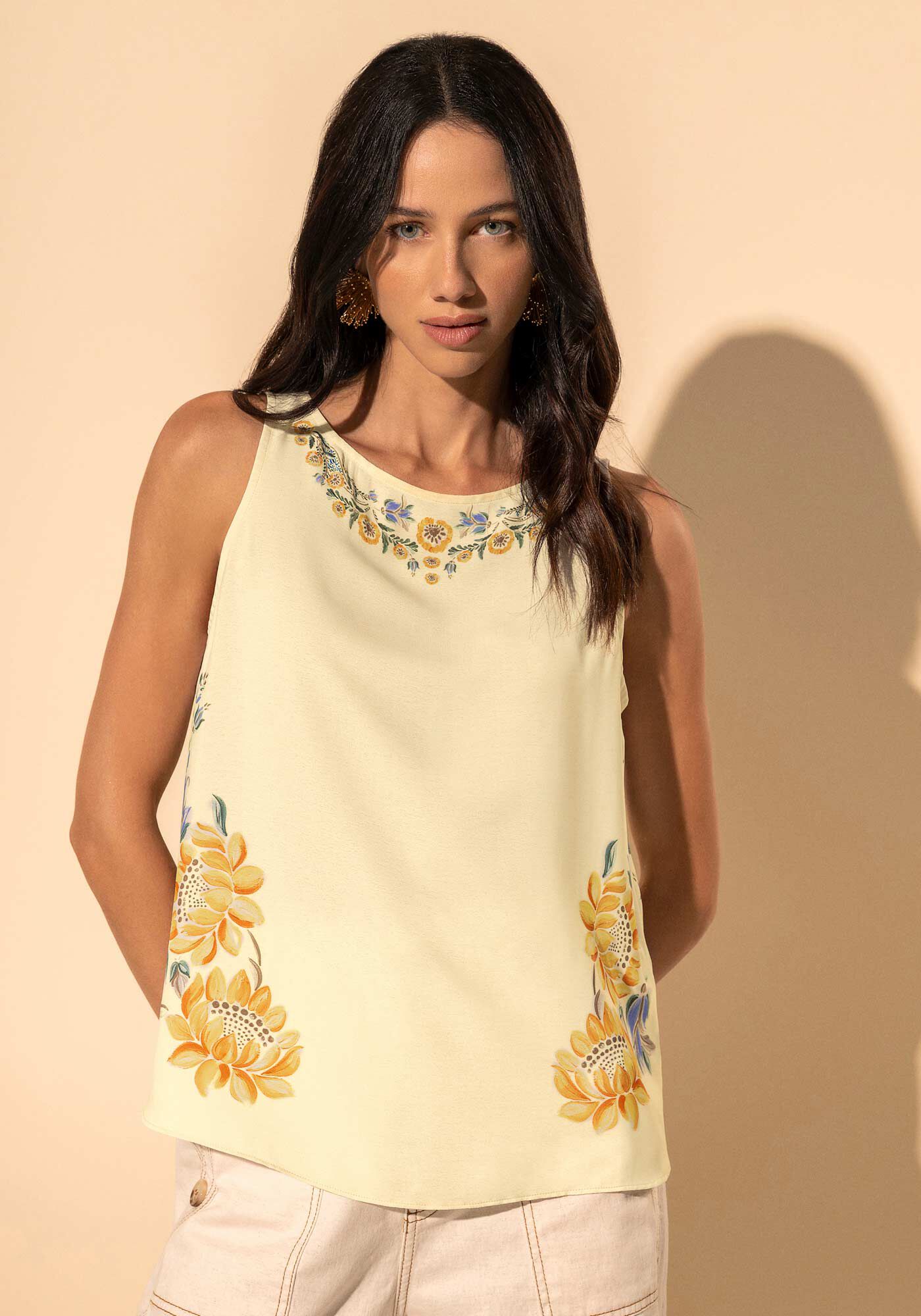 Blusa Estampada Com Decote Redondo Em Tecido Leve, BEGE ALHAMBRA, large.