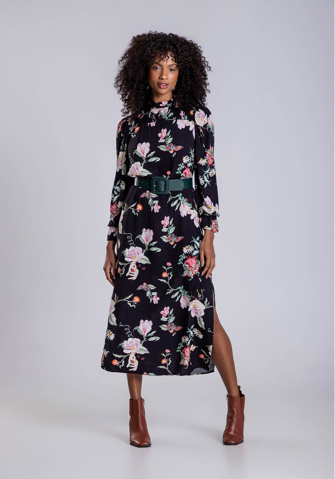 Vestido Midi Estampado com Lastex Cinto, , large.