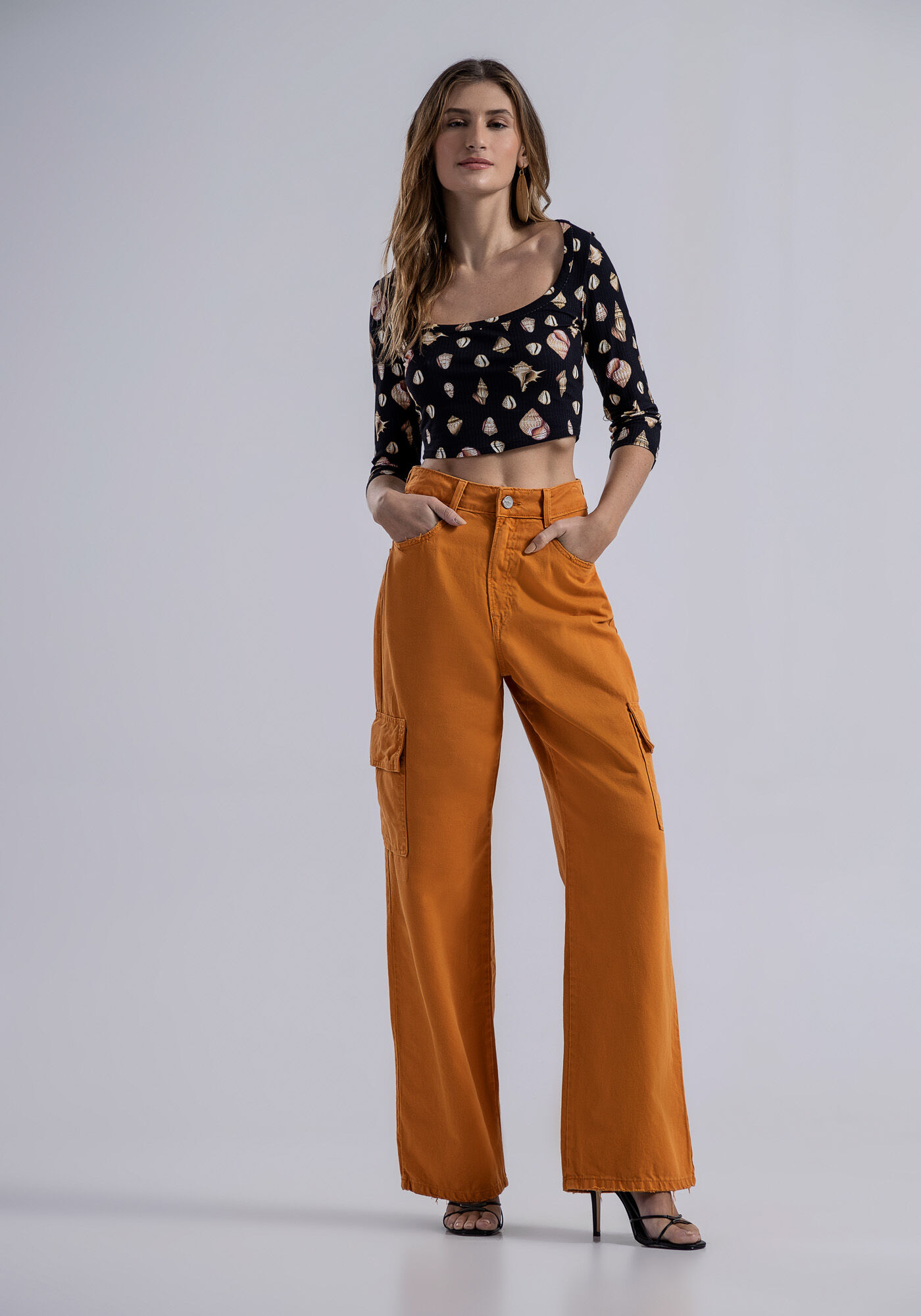 Blusa Cropped Canelada Manga 3/4 Estampada, , large.