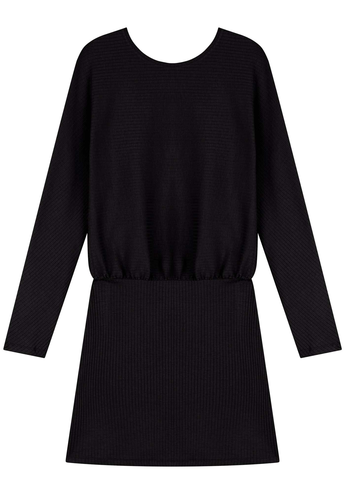 Vestido Curto De Manga Longa Em Malha Canelada De Viscose, PRETO, large.
