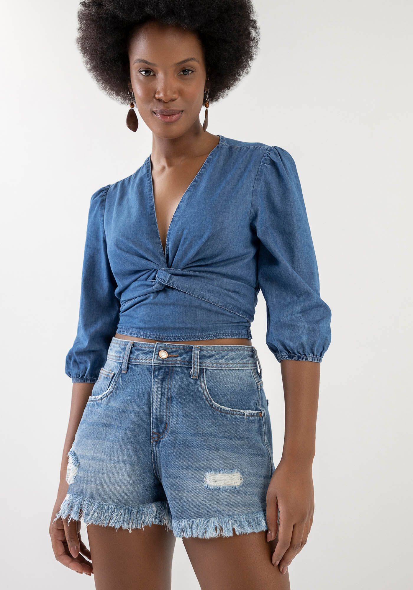 Short jeans shop franzido na cintura