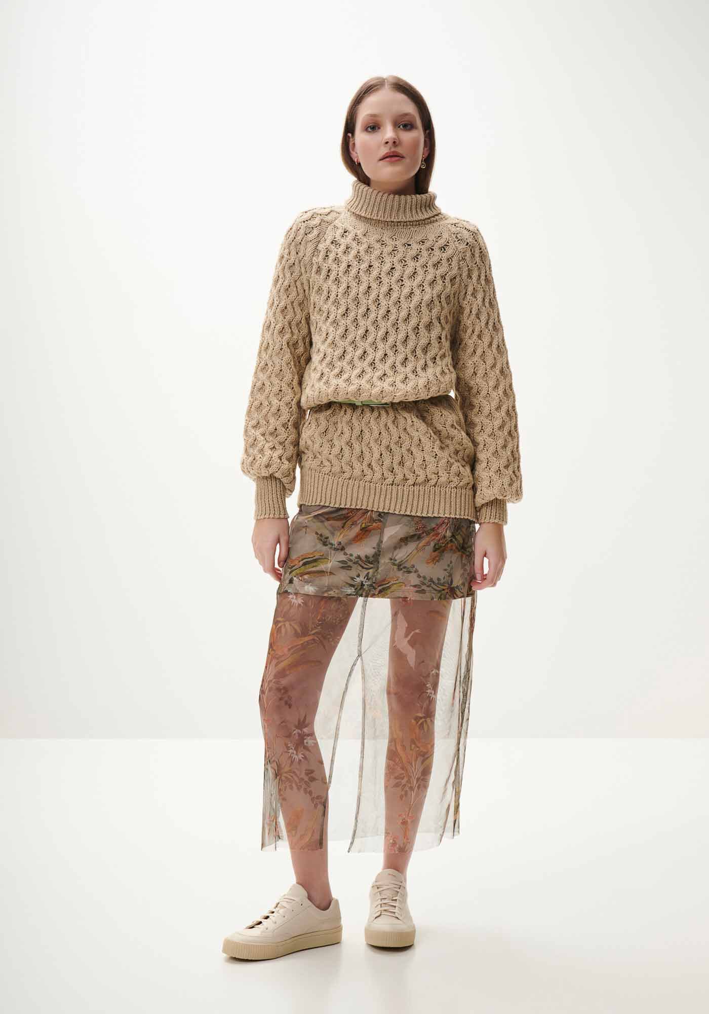 Vestido Midi em Tule Estampado com Gola Alta, , large.