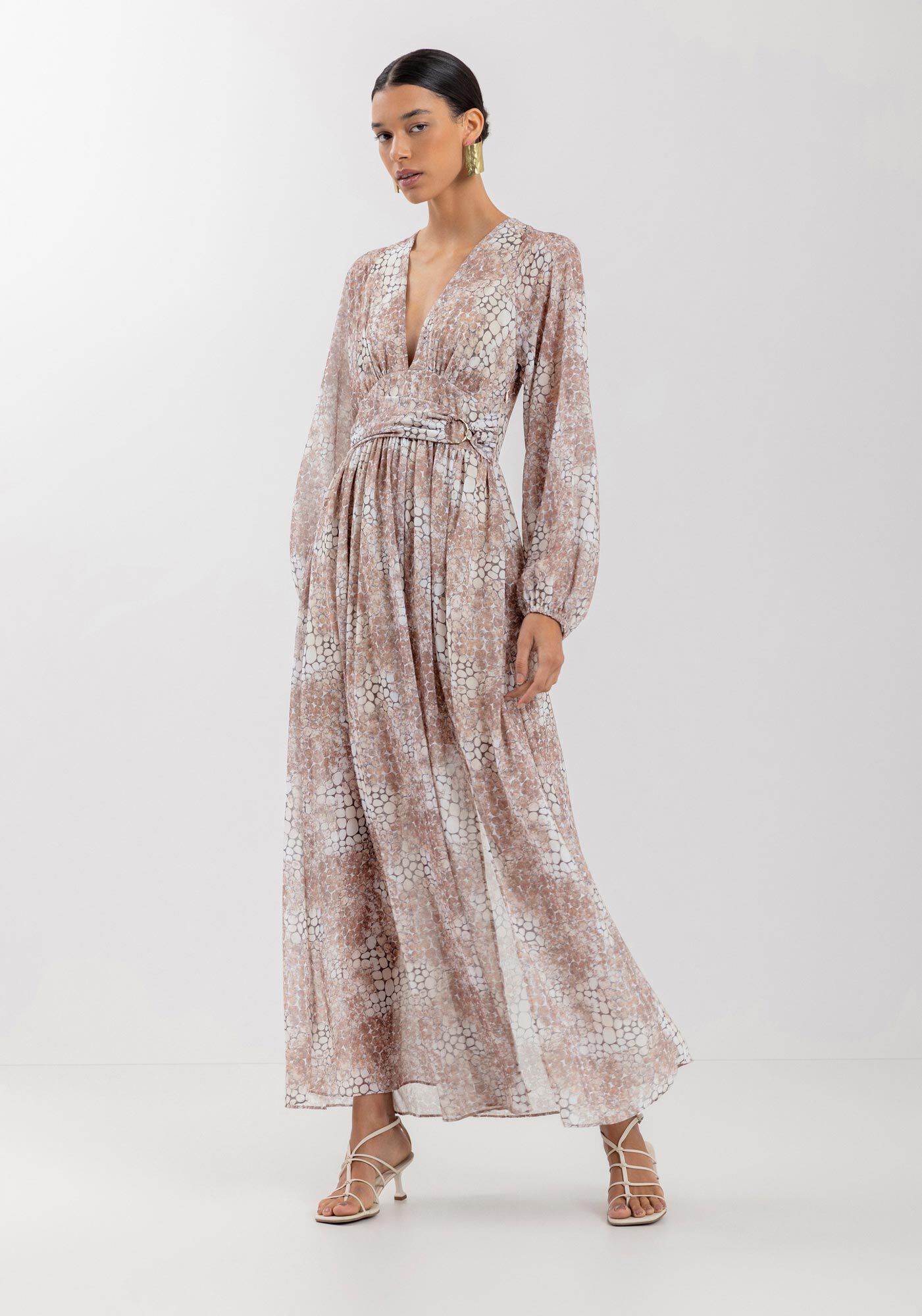 Vestido Longo Estampado Com Mangas Amplas E Fenda Lateral, , large.