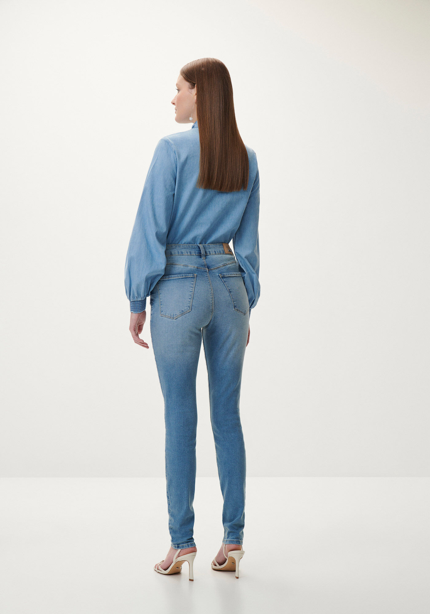 Blusa Jeans Manga Bufante com La&ccedil;o Gola, , large.