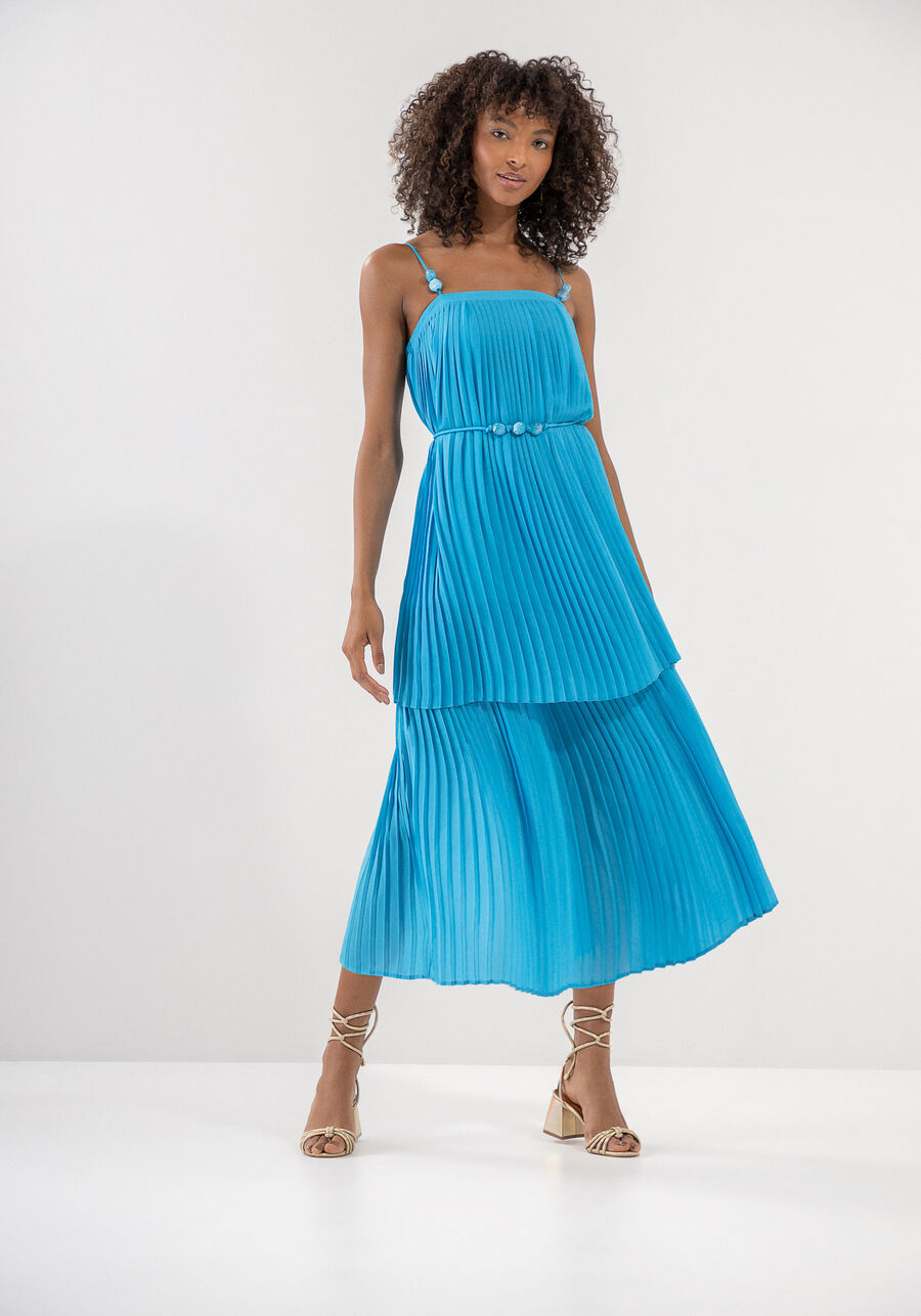Vestido Midi Plissado com Babados e Cinto, AZUL ANGRA. Vestido Midi Plissado com Babados e Cinto, AZUL ANGRA, large.
