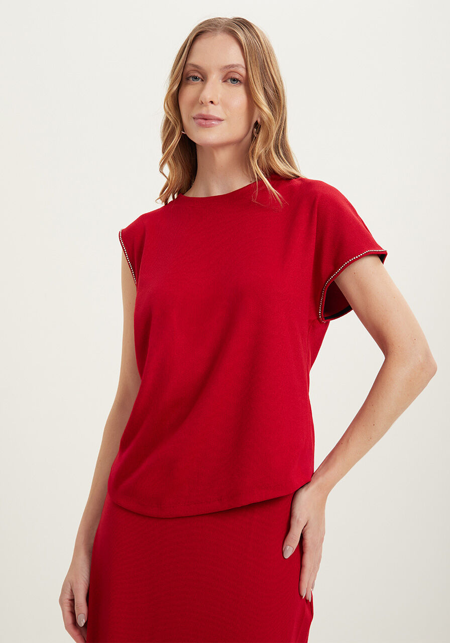 Blusa De Malha Com Manga &Uacute;nica E Aplica&ccedil;&otilde;es De Strass, , large.