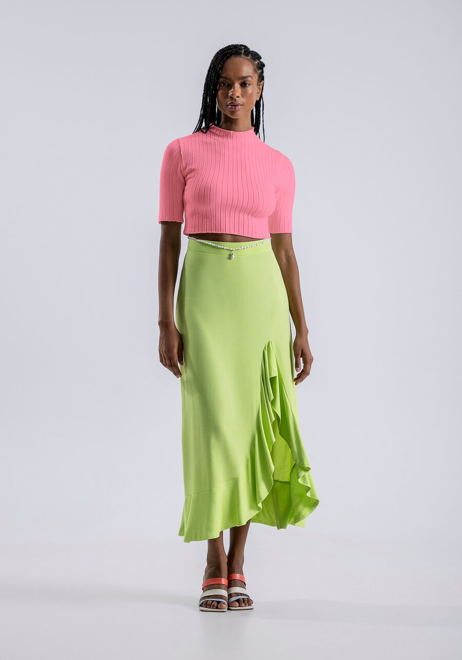 Blusa Manga Curta Tricô com Gola Alta, ROSA FABULOUS. Blusa Manga Curta Tricô com Gola Alta, ROSA FABULOUS, large.