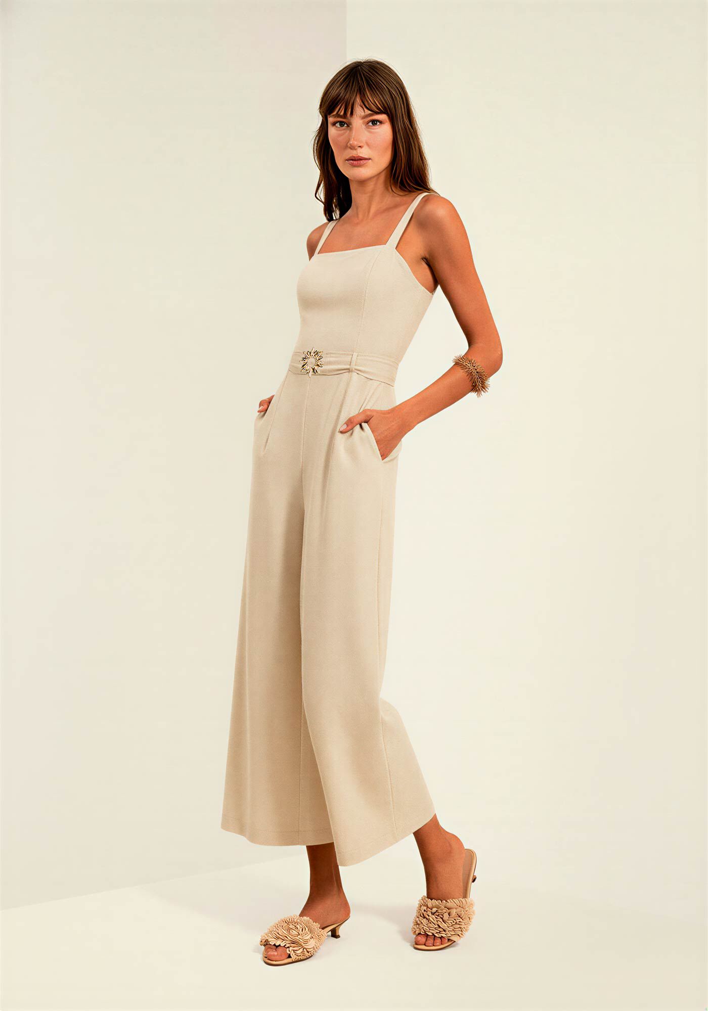 Macac&atilde;o Midi De Al&ccedil;as Com Decote Reto E Cinto, BEGE ALHAMBRA, large.