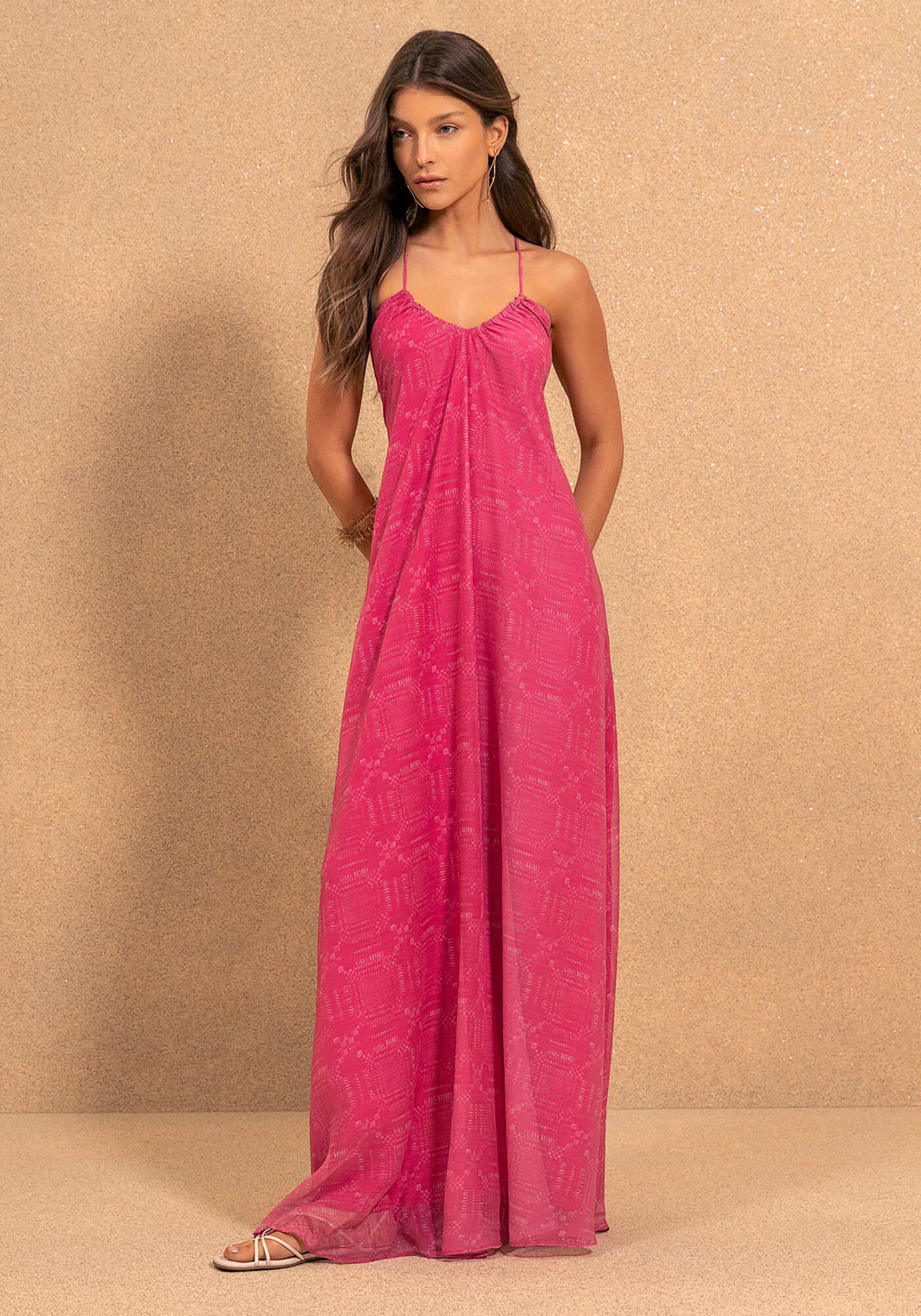 Vestido Longo De Al&ccedil;as Finas Com Amarra&ccedil;&atilde;o E Transpar&ecirc;ncia, CHECK ROSA, large.