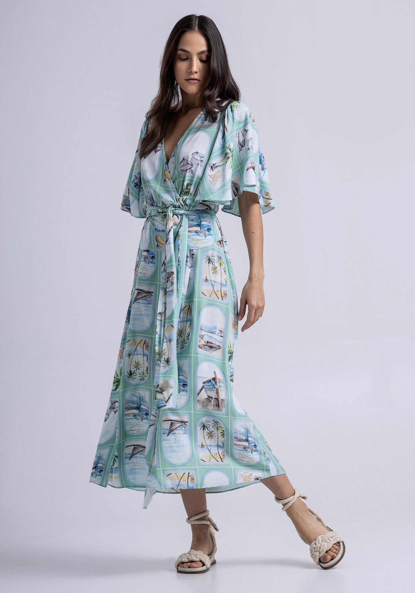 Vestido Midi Transpassado em Viscose com Faixa, , large.