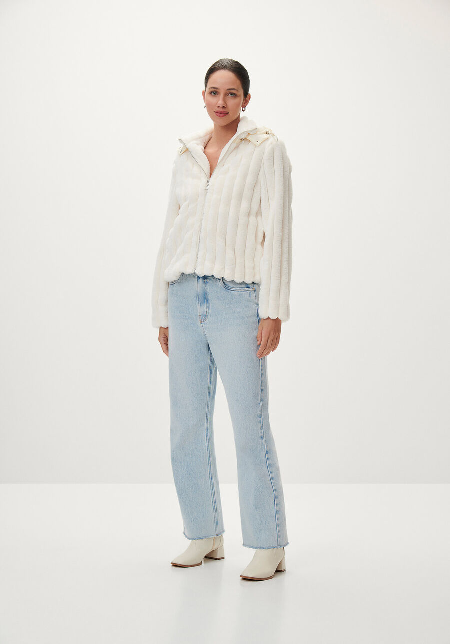 Jaqueta de Pelo com Capuz, BRANCO OFF WHITE. Jaqueta de Pelo com Capuz, BRANCO OFF WHITE, large.