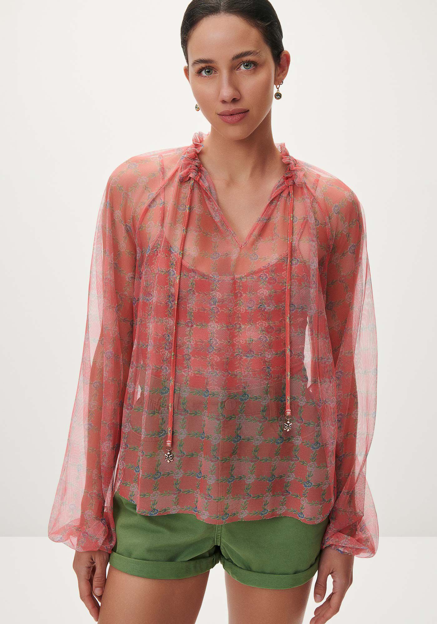 Blusa Manga Longa Bufante em Tule Estampado, , large.