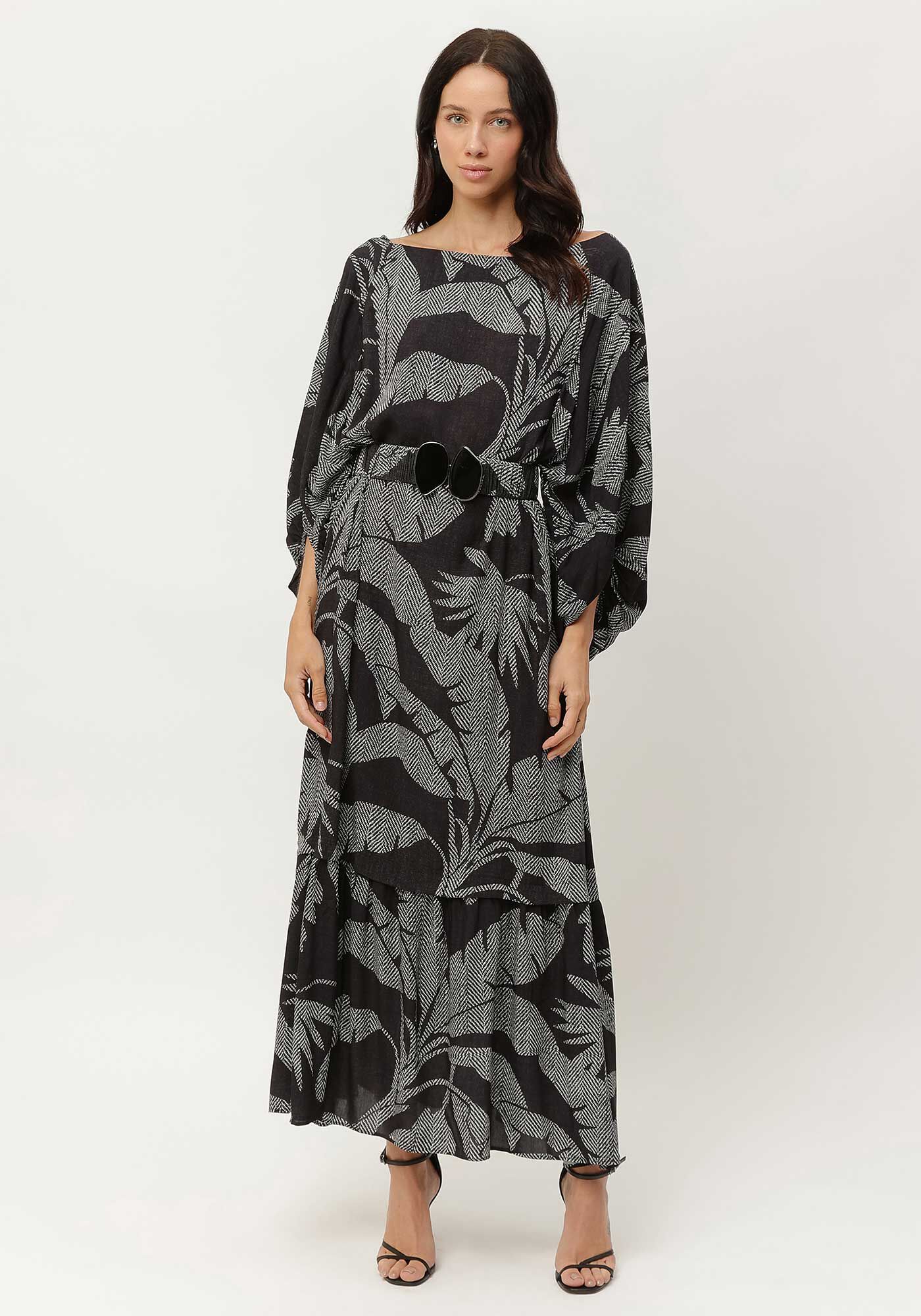 Vestido Midi Manga 3/4 Estampado com Cinto, , large.