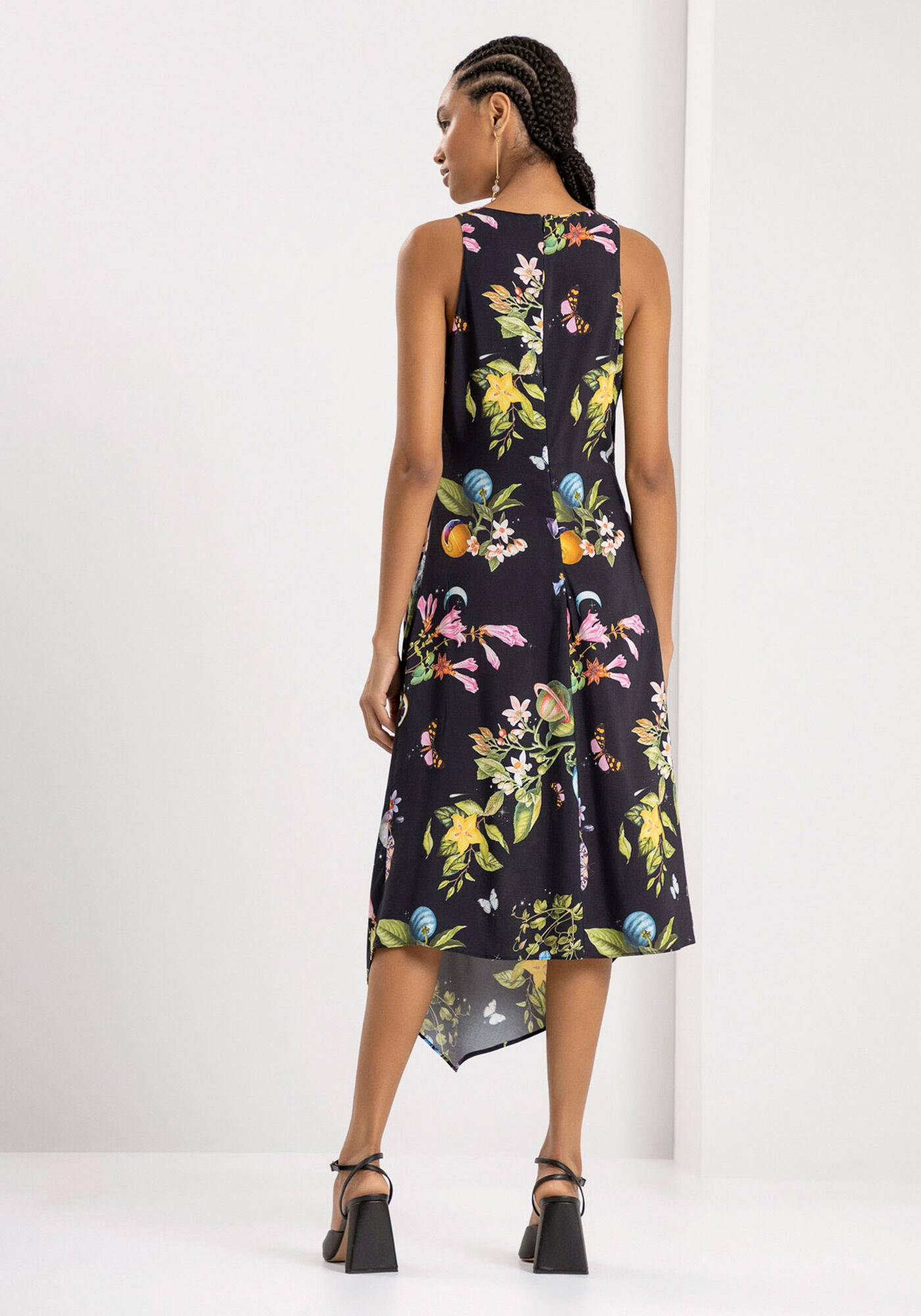 Vestido Midi Estampado Assim&eacute;trico com Pregas, , large.