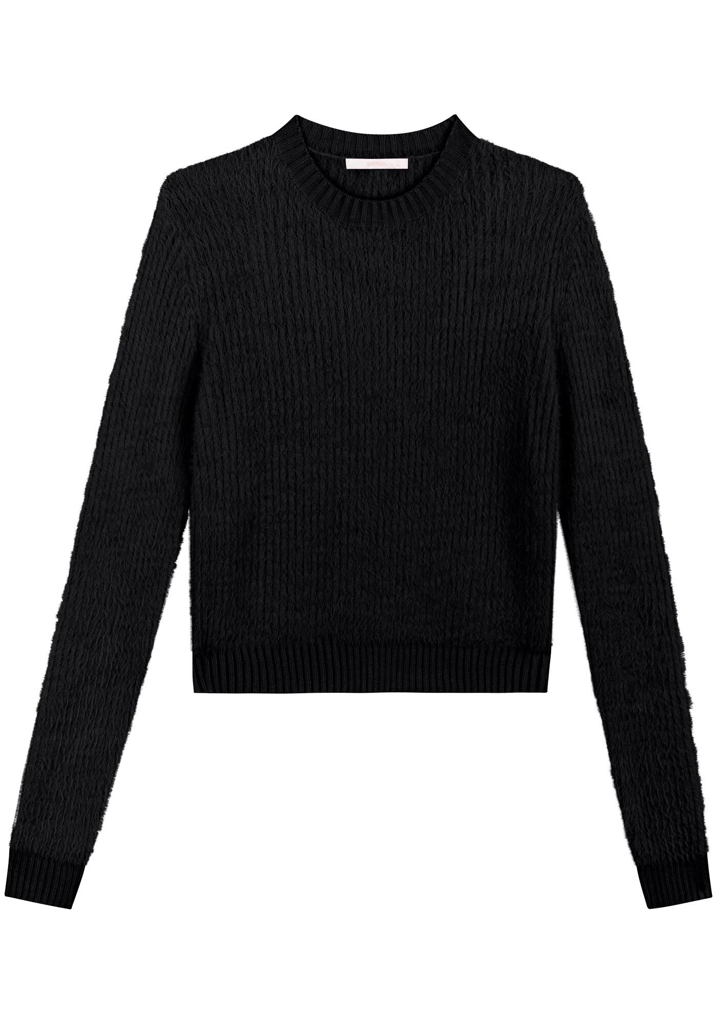 Blus&atilde;o Curto De Mangas Longas Com Pelinhos Em Malha De Tric&ocirc;, , large.