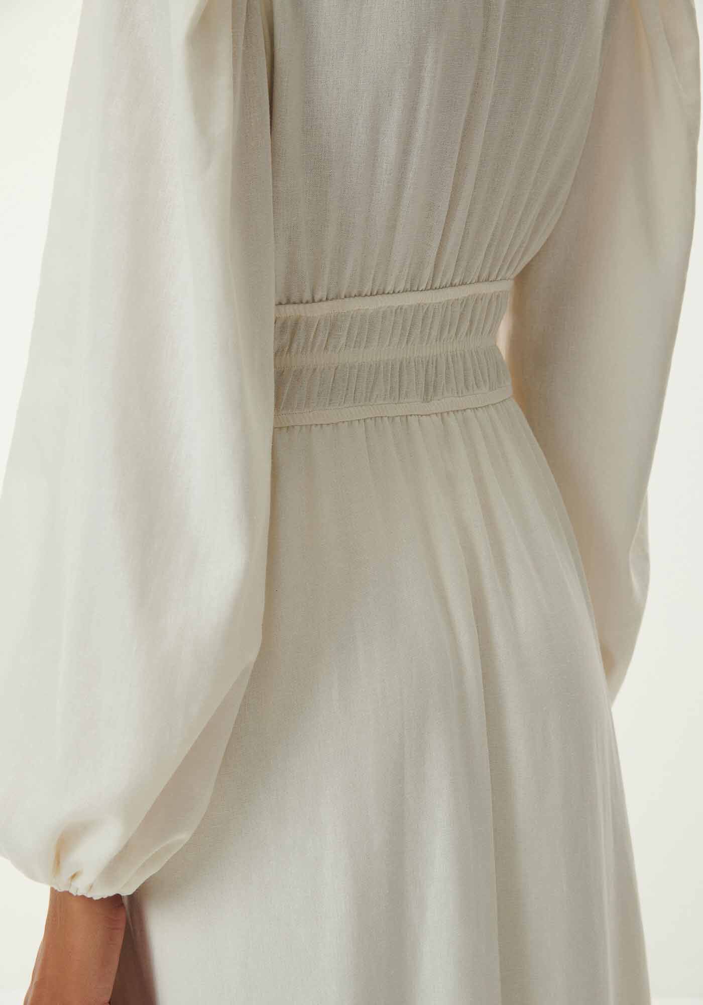 Vestido Midi em Linho com Manga Longa Bufante, , large.