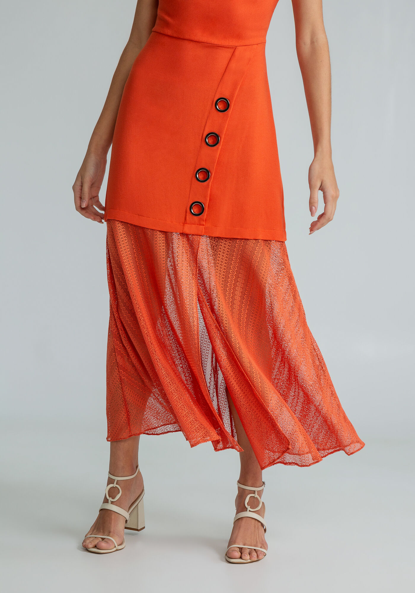 Vestido Midi Ilh&oacute;s Recorte Renda, LARANJA, large.