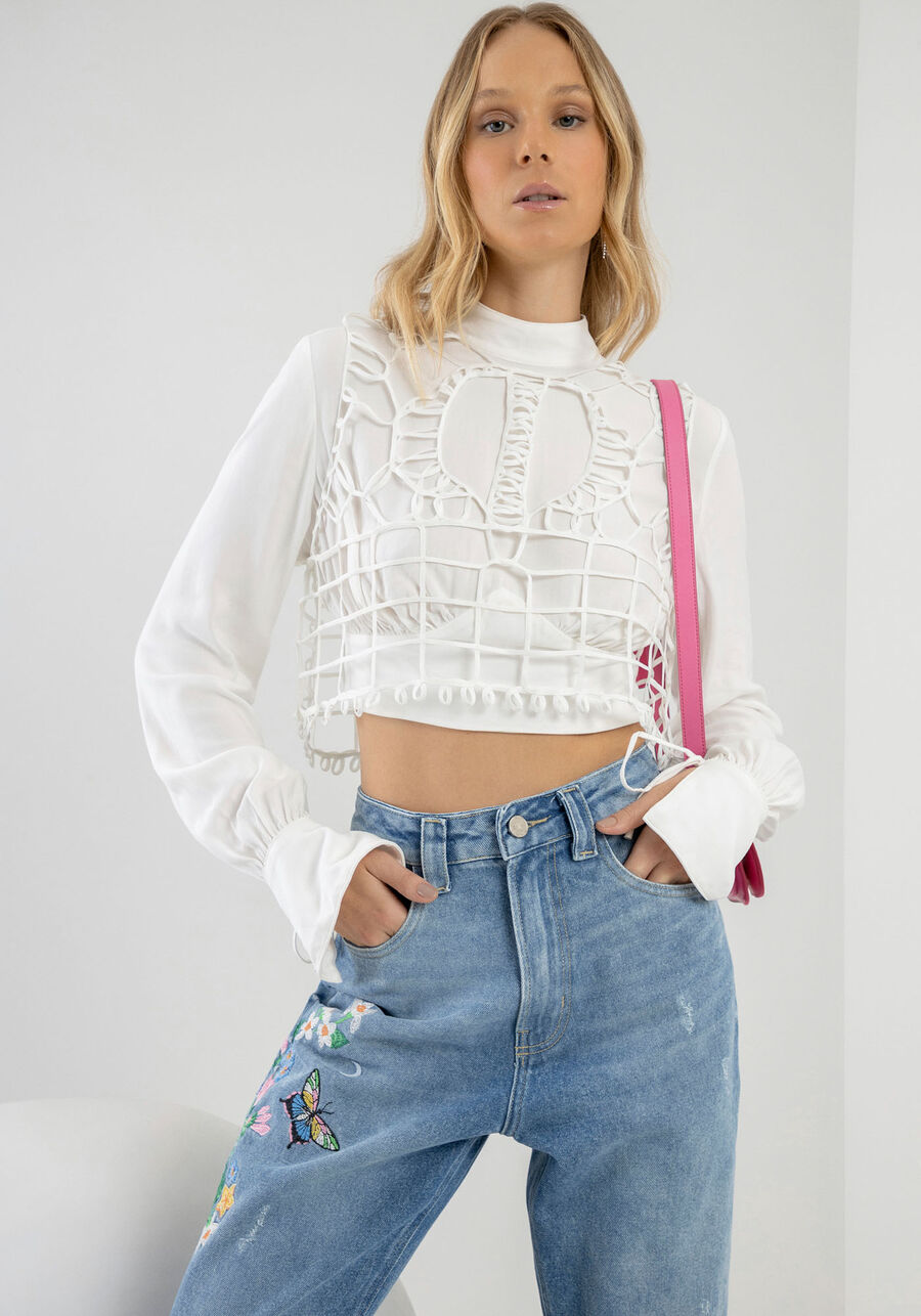 Blusa Manga Longa Cropped e Colete Bordado, BRANCO OFF WHITE. Blusa Manga Longa Cropped e Colete Bordado, BRANCO OFF WHITE, large.