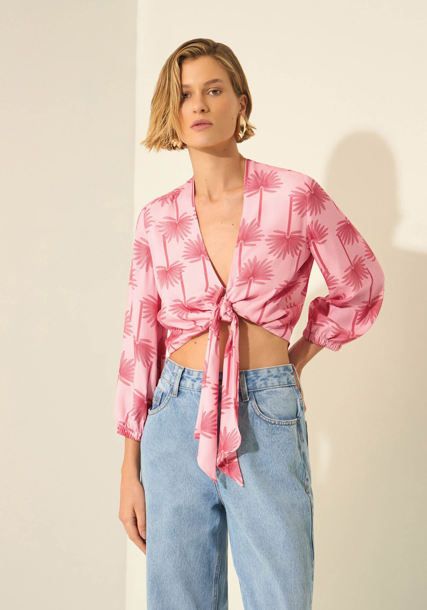 Blusa Estampada Com Mangas 3/4 E Amarra&ccedil;&atilde;o, PIACAVA ROSA, large.