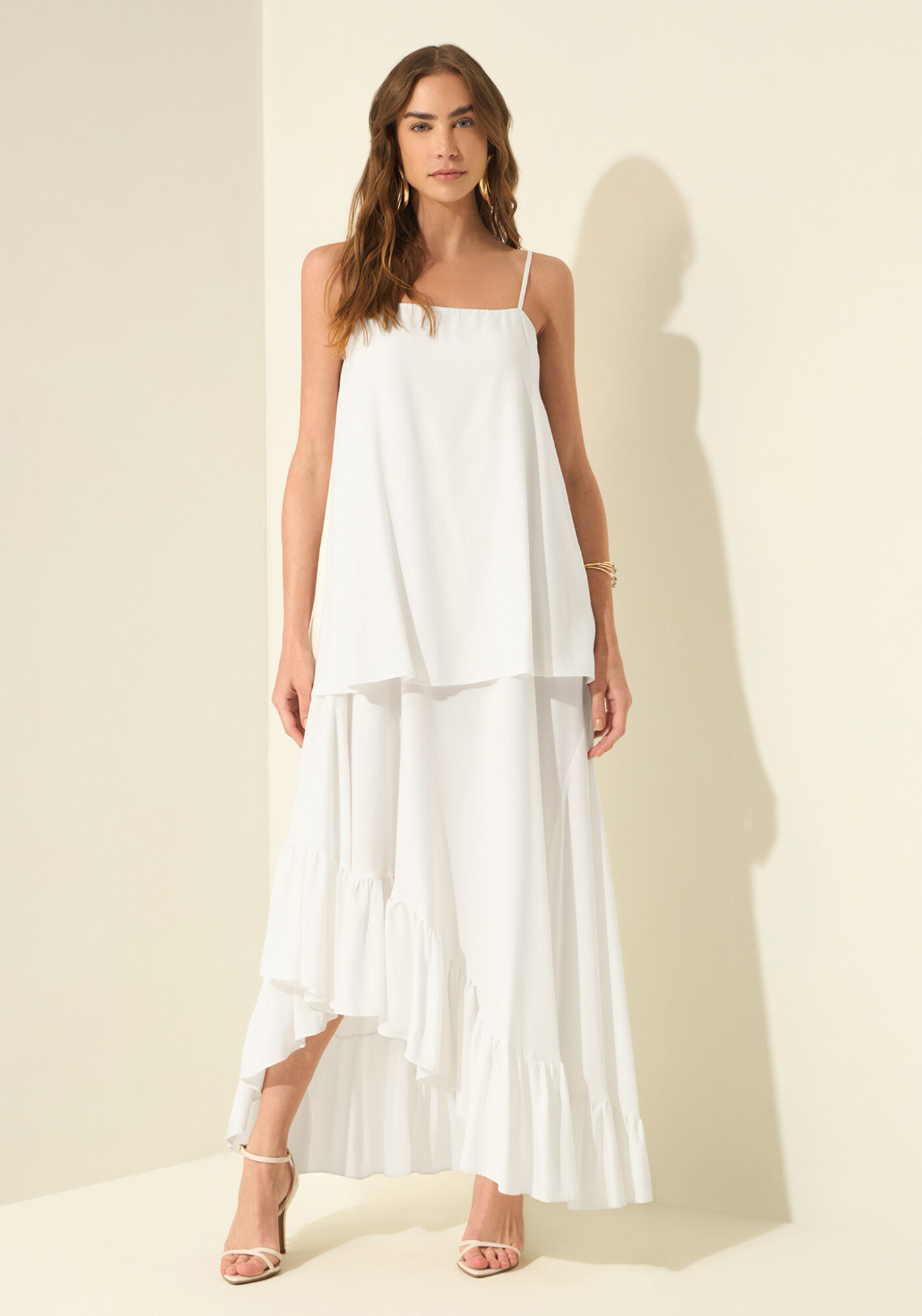 Vestido Assim&eacute;trico De Al&ccedil;as Com Babados, BRANCO ICE CREAM, large.