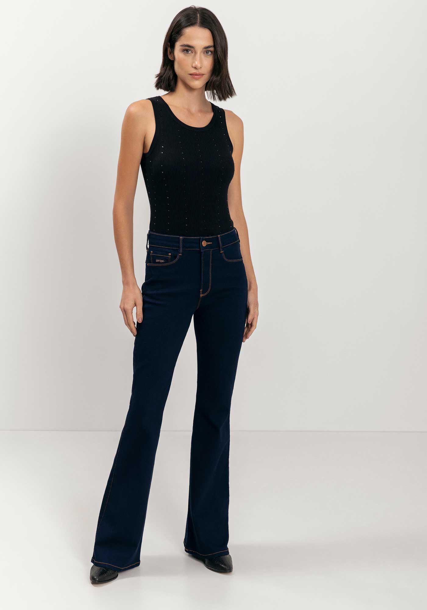 Cal&ccedil;a Flare Jeans Com Cintura Alta E Elastano, JEANS, large.